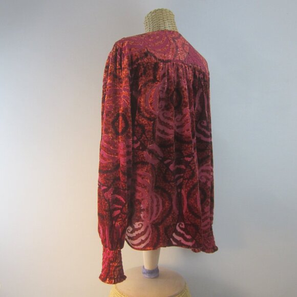 Anthropologie Women Large Red Pink Velvet Faux Wrap Full Sleeve Gathered Shirt - Picture 6 of 13